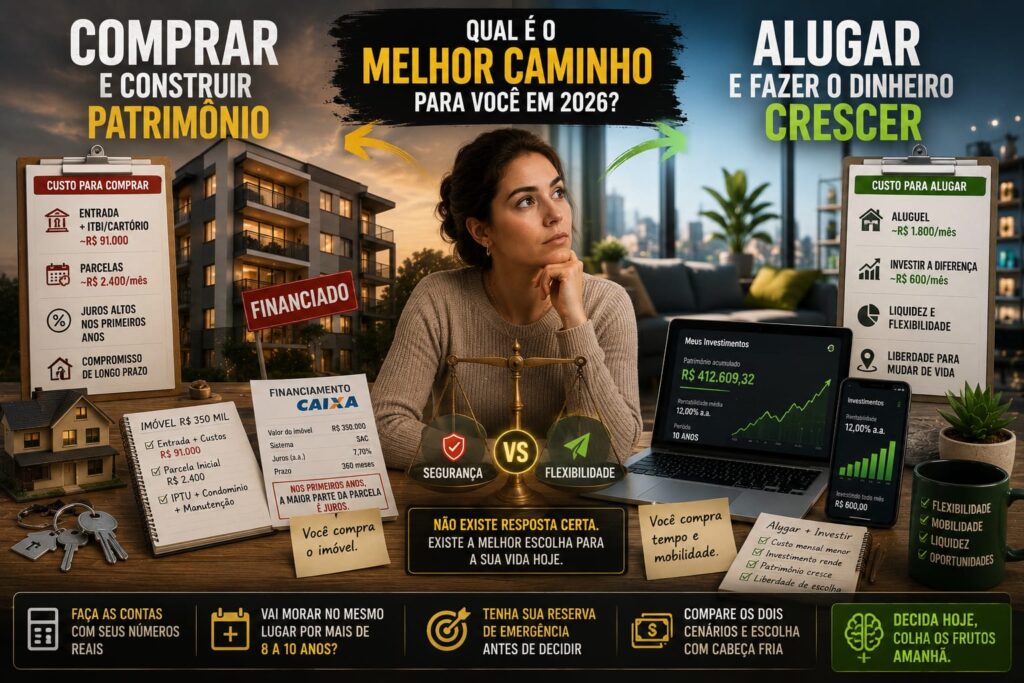 Infografico comprar ou alugar em 2026 - simulacao patrimonial FSF com R$ 350 mil
