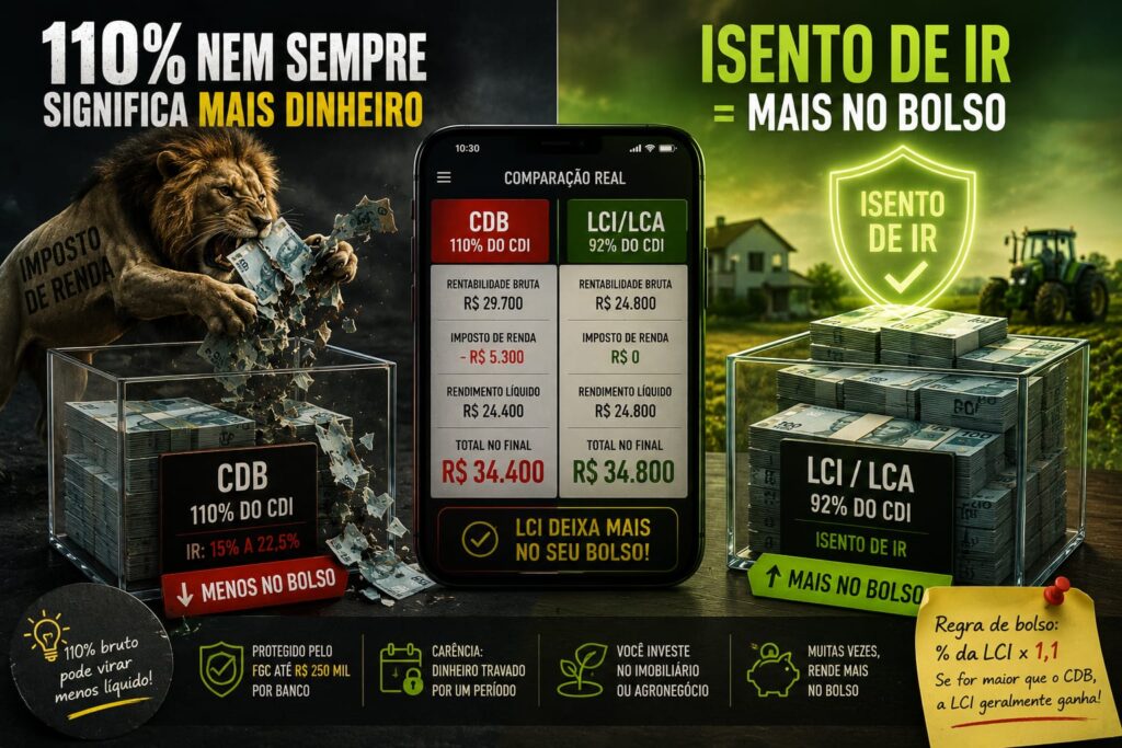 Infográfico comparativo entre LCI e LCA — rendimento e isenção de Imposto de Renda